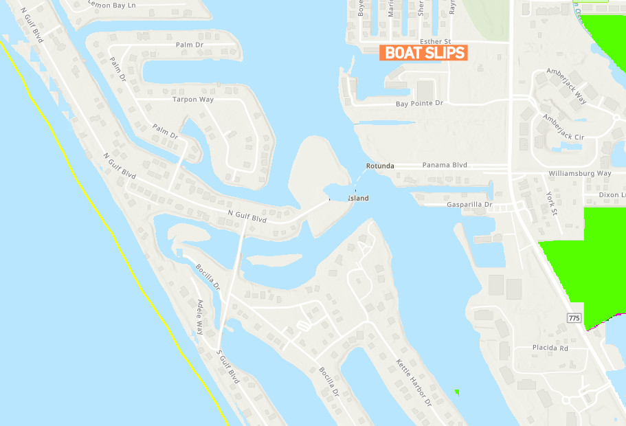 Location map of covered mainland boat slip at gated Seagull Moorings, 8263 Esther Street, Englewood FL — between Lemon Bay and the barrier islands